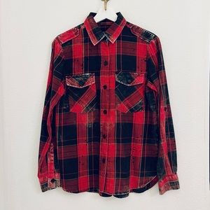 Zara Distressed Plaid Button Down Top